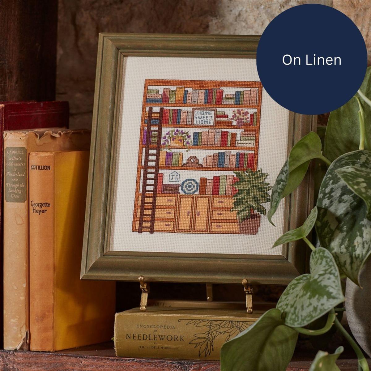 Cross Stitch Guild Bookcase and Ladder on Linen SewingStreet