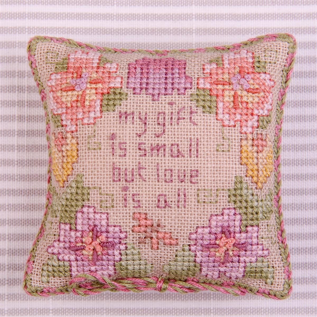 Cross Stitch Guild Love is All Pincushion on Aida Exclusive to Sewing