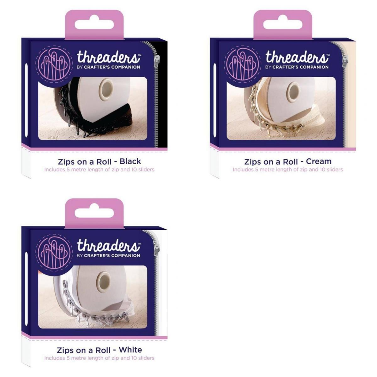 Threaders Zips on a Roll Collection Black, White, Cream (3 Rolls