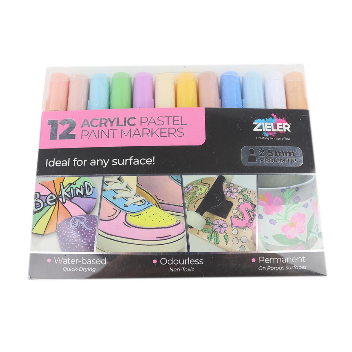 Zieler Acylic Paint Pens 2.5mm Pastel Colours pack of 12 HobbyMaker