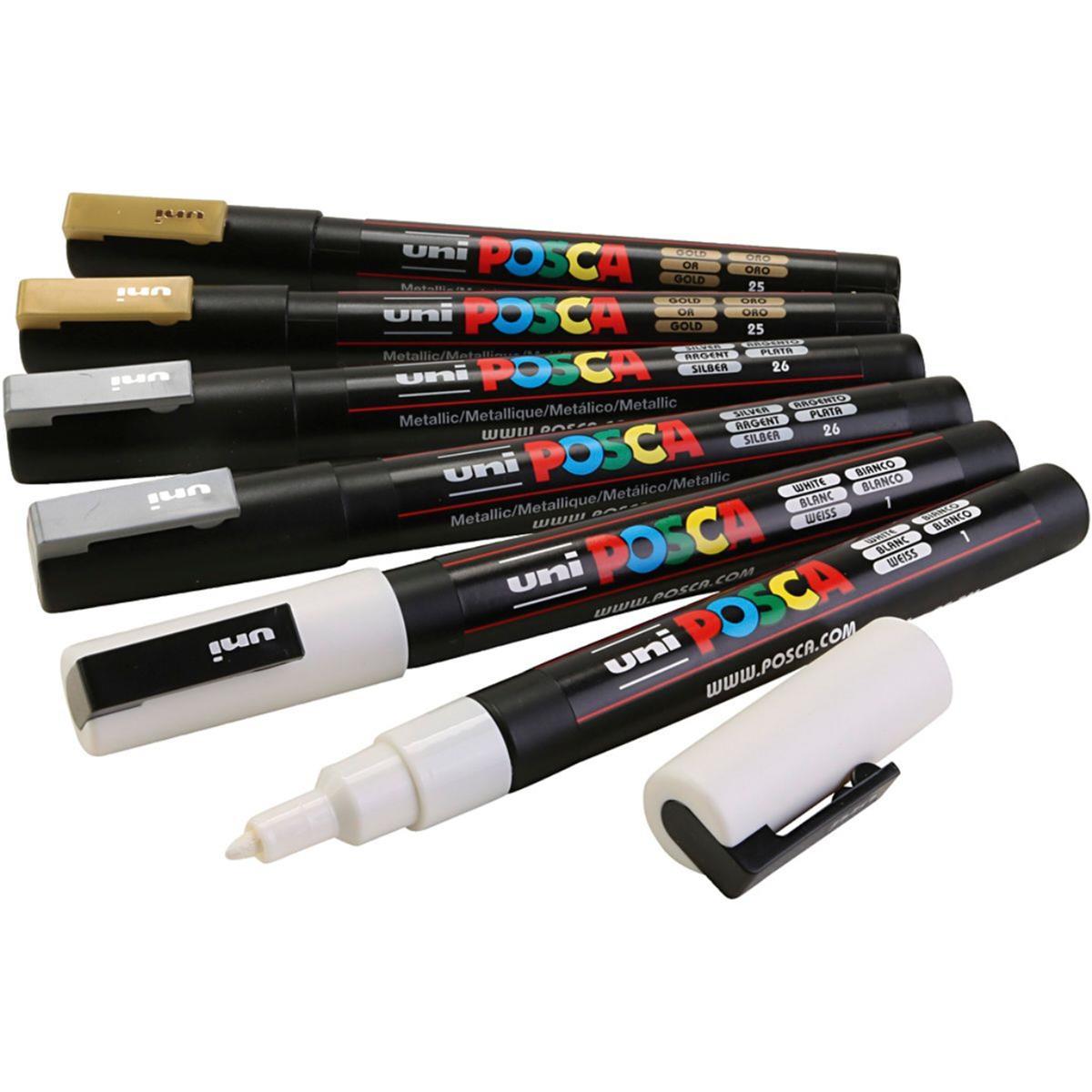 Posca markers, gold, silver, white, line 0,91,3 mm, 6 asstd./ 1 pack