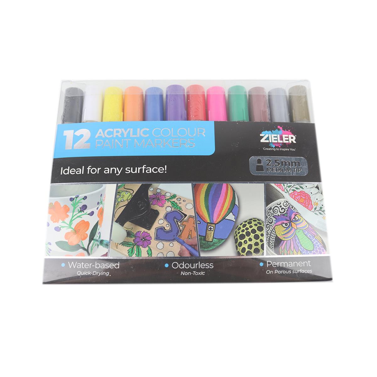 Zieler : Acrylic Paint Marker Pens : 2.5mm Medium Tip : Set of 12 - Zieler  - Brands