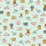 Coffee Bunnies Bunny Tea Cups Light Teal Fabric 0.5m
