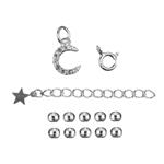 925 Sterling Silver Moon Pack: lnc.8mm Moon Charm & Extended Chain with Tag + 3mm Faceted Spacer Beads (10pcs) + Clasp