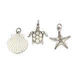 925 Sterling Silver Charms, Shell, Starfish and Turtle, Approx 15mm 3pcs (1 per design)