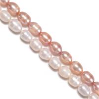 2x 38cm Strands of Freshwater Cultured Rice Bead Pearls Approx 6-8mm (White & Pink/Purple)