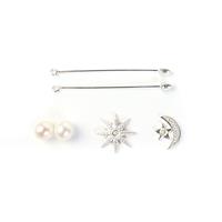Celestial;Half Drilled White Freshwater Cultured Pearl Rounds, Sterling Silver Brooch Pins with Moon & Star Solderable Accents 