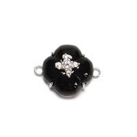 Black Jadeite Clover Pendant with 925 Sterling Silver and White Topaz Stones, 15mm 