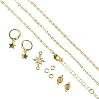 Gold Plated CZ Stud connectors x2, Pave Star Charm with CZ Connector x1, Huggie Hoop Earrings 1 Pair with Star Charms With Jump Rings and Chains