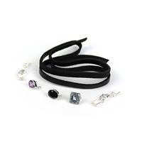Liquorice; 3x Sterling Silver Collet Gemstones, Sterling Silver Rectangle End Cap & Flat Leather Cord
