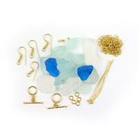 Splash; Bag of 10mm Mixed Blue DRILLED Sea Glass 10-15pcs & Gold Plated Base Metal Finding