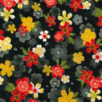 Sevenberry Gold Metallic Traditional Japanese Flower Bloom Black Fabric 0.5m