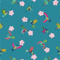 Lewis & Irene Hibiscus Hummingbird Dots Teal Fabric 0.5m