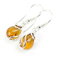 Baltic Amber Cognac 925 Sterling Silver Wire Encased Earrings with Fish Hook 12mm