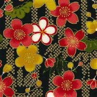 Sevenberry Gold Metallic Traditional Japanese Flower Petals Black Fabric 0.5m