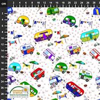 Happiest Little Camper Flowers, Camping, Caravan & Grill on White Fabric 0.5m