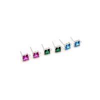 925 Sterling Silver Square Earrings With Cubic Zirconia Approx 6mm (3 Pairs 1xPink, 1xBlue, 1xGreen)