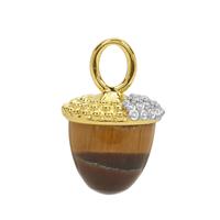 7.35cts Willow & Tig Collection: Gold Plated 925 Sterling Silver Acorn Charm Approx 11x12mm With Tigers Eye & Zircon Pave Detail 