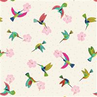 Lewis & Irene Hibiscus Hummingbird Dots Cream Fabric 0.5m