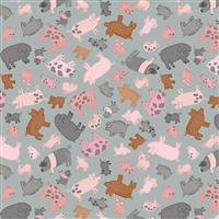 Lewis & Irene Piggy Tales Pigs Pigs Pigs On Grey Fabric 0.5m
