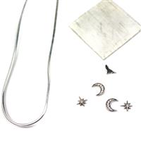 Moonlit; 925 Sterling Silver Sheet, Wire, Celestial Solderable Accents with CZ 4pcs & Wolf