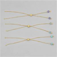 Gold Plated 925 Sterling Silver 3pcs Slider Bracelet (Tanzanite, Grandidierite, Turquoise) Approx 5mm Beads & Box Chain, Approx 24cm