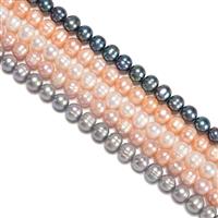 5 x 38cm Freshwater Cultured Ringed Potato Pearls (White, Dyed Silver, Dyed Peacock, Light Peach, Lilac) Approx. 7-9mm