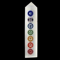Engraved Selenite Charging Tower 7 chakra colours 4-5"