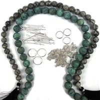 Stormy Sky; Sage Jasper & Gray Map Plain Rounds, Sterling Silver Chain, Eye Pins & Halo Beads