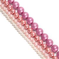4 x 38cm Strand White & Pink Shell Pearl Bundle (Approx 3mm White, 4mm Pale Pink, 6mm Mid Pink, 8mm Raspberry)