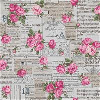 Vintage Collage On Grey Cotton Linen Fabric 0.5m