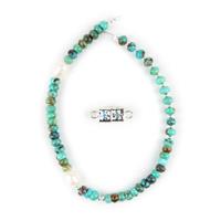 A Starry Night - 925 Sterling Silver & Blue Enamel Star Magnetic Clasp with Turquoise & White Freshwater Cultured Pearl Accents