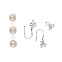925 Sterling Silver Floral Earrings With Pearl Pegs & Pendant With Peg + 3pcs, White Freshwater Pearls & White Topaz
