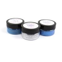 Wild Spider Designs  Glitter and Flock Trio - Set 4, 3 x 25ml Jars - Turkish Blue Flock, Silver Glitter, Sapphire Blue Glitter