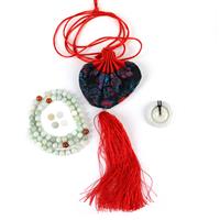 Red Dragon; Jadeite Ring & Donut Pendant, Jadeite Plain Rounds & Jadeite Carved Beads with Tassel Pouch 