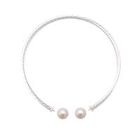 925 Sterling Silver Twisted Bangle With 2 x White Freshwater Cultured Pearls Approx 8mm