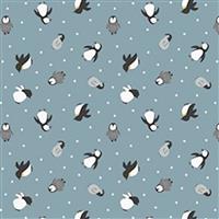 Lewis & Irene Small Things Polar Animals Penguins on Snow Blue Fabric 0.5m