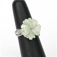 7.58ct Type A Moss-In-Snow Burmese Jade Sterling Silver Flower Ring . Size 5