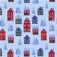 Lewis & Irene Tomtens Village Houses Blue Fabric 0.5m