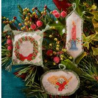 The Cross Stitch Guild Trio of Christmas Tree Decorations on Linen