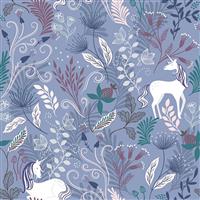 Lewis & Irene Enchanted Silver Metallic Woodland on Blue Fabric 0.5m