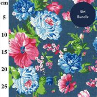 Printed Denim Blue & Pink Floral Fabric Bundle 2m