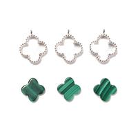 3x Malachite Four Leaf Clover Cabs, Approx 12mm with 925 Sterling Silver Bezels