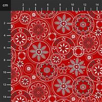 Henry Glass Scarlet Stitches & White Linen Red Medallions Fabric 0.5m
