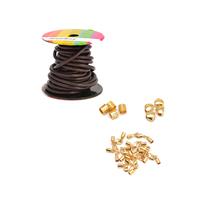 Leather Cord Kit 2 (4mm Brown Leather Cord (4m), Gold Plated Base Metal Cord Ends 4x9mm (10), Gold Plated Base Metal Tubes 9x9mm and Hearts 10x11mm(4)