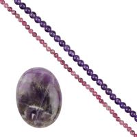 100 cts Purple Aztec Pendant Kit (Amethyst Calibrated Oval, 40x30mm & Faceted Round Ruby, 3mm; 20cm Strand & Plain Round Amethyst, 4mm; 20cm Strand)