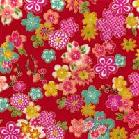 Sevenberry Gold Metallic Traditional Japanese Colourful Flowers Red Fabric 0.5m