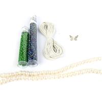 Butterfly; Leather Cord, Base Metal Button, Freshwater Potato Pearls, Green & Purple 8/0s 