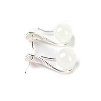 Snow; Sterling Silver Shepherd Hook Earrings With Pearl Pegs & White Nephrite Half Drilled Plain Round