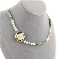 Elegance; Encrusted White Freshwater Pearl Charm, Rondelles & Miyuki Green 11/0